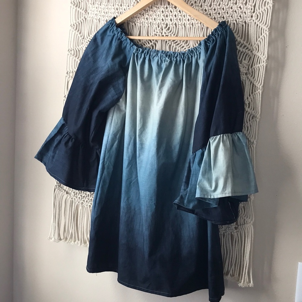 Tie dye ikat blues handmade tunic top or dress with ruffled sleeves sz m…